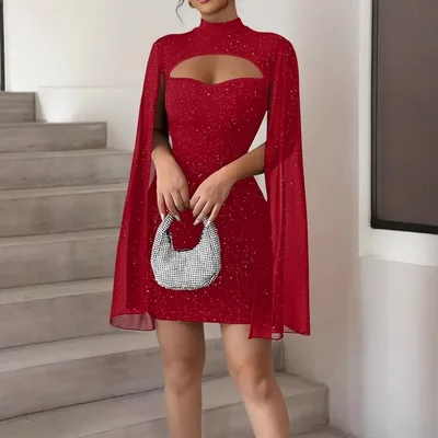 Women's High Neck Ribbing Chiffon Cape Sheath Dress Red - Shop at LoveMi