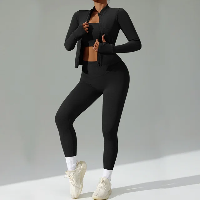 Cardigan Running Sports Quick drying Workout Clothes Three piece Suit Black - Shop at LoveMi