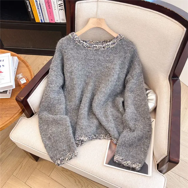 Women's Retro Crew Neck Pullover Sweater Loose Gray - Shop at LoveMi
