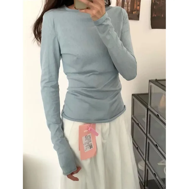 Inner Basic Style Laid back Long Sleeve T shirt Light Blue - Shop at LoveMi