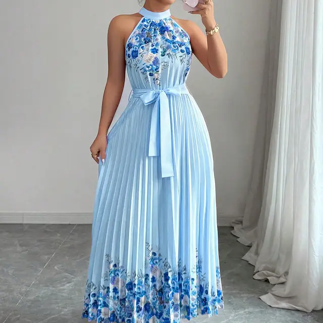 Women's Fashionable Printed Pleated Long Dress Blue - Shop at LoveMi