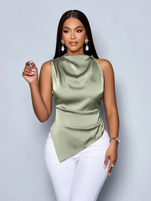 Summer Satin Shirt Women's Asymmetric Color Mint Green - Shop at LoveMi