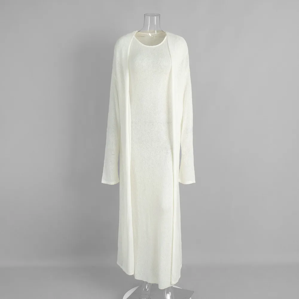 Cardigan Knitted Cardigan Sleeveless Dress Two-piece Set - White - View 1