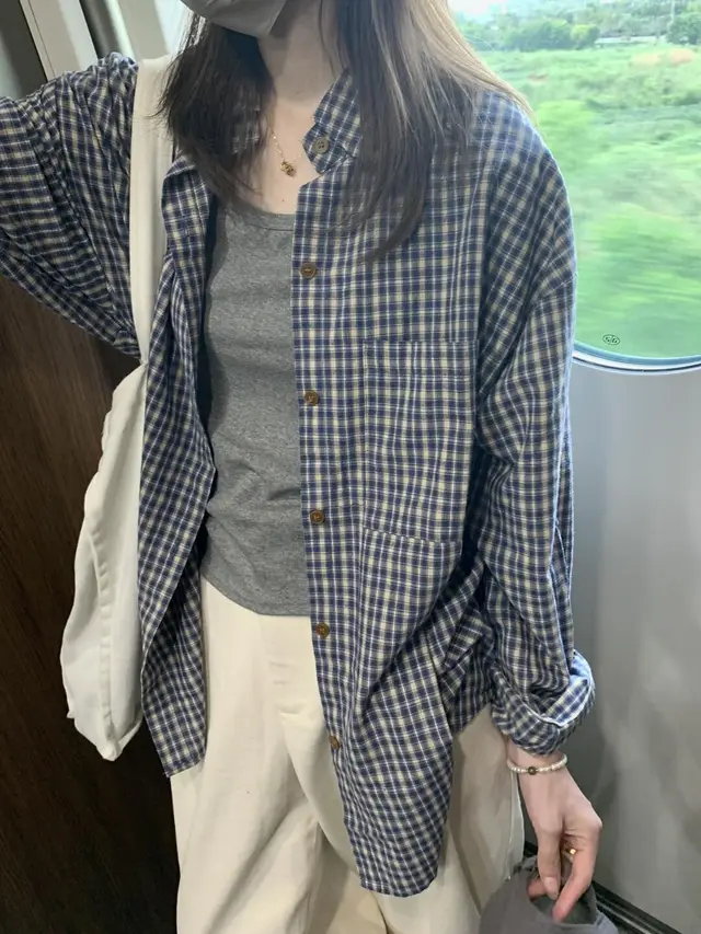 Blue Plaid Women's Loose Long sleeved Shirt Blue - Shop at LoveMi