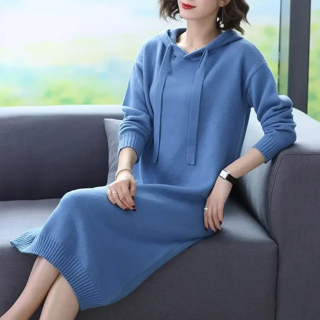 Hooded Women's Mid length Loose Inner Wear Knitted Sweater Dress Blue - Shop at LoveMi