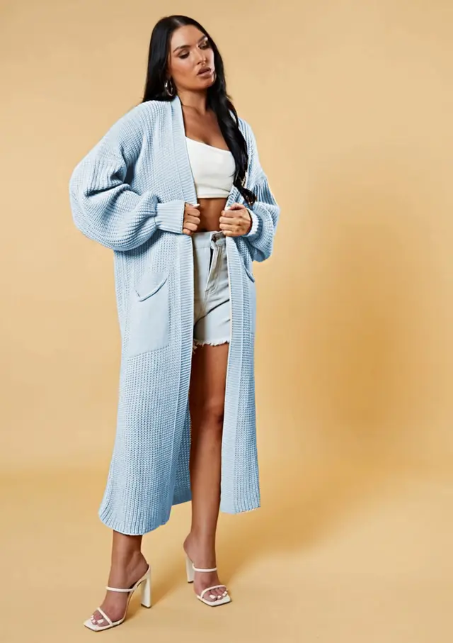 Casual Solid Color Knitwear Cross border Plus Size Loose Long Coat Sweater Light Blue - Shop at LoveMi
