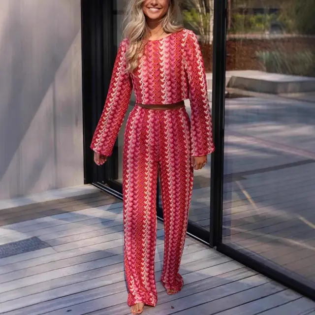 Women's Long sleeved Trousers Round Neck Crocheted Knitted Red - Shop at LoveMi