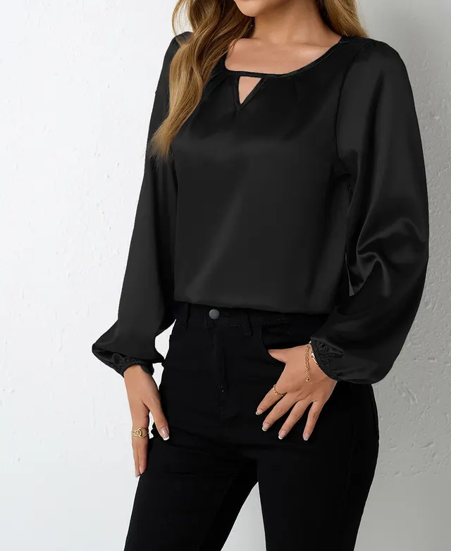 Women's Silk like Pleated Long sleeved Satin Top Black - Shop at LoveMi