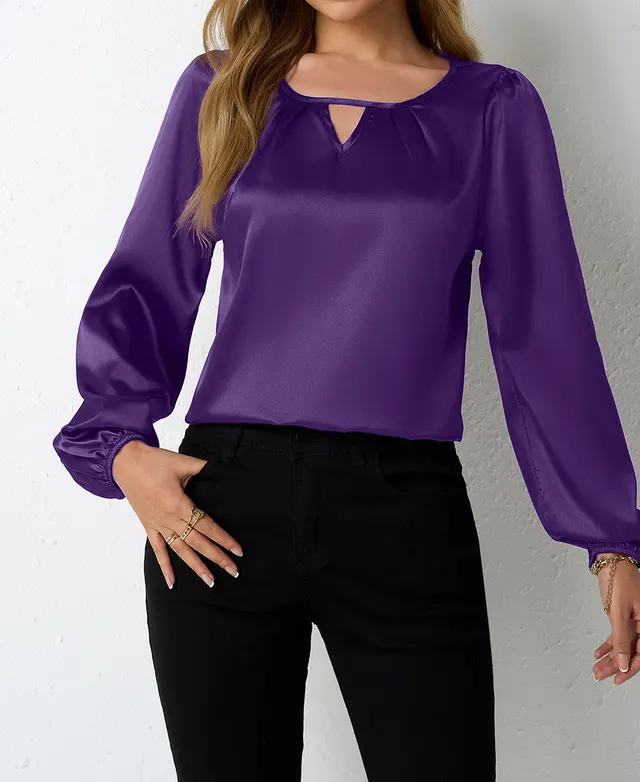 Women's Silk like Pleated Long sleeved Satin Top Purple - Shop at LoveMi