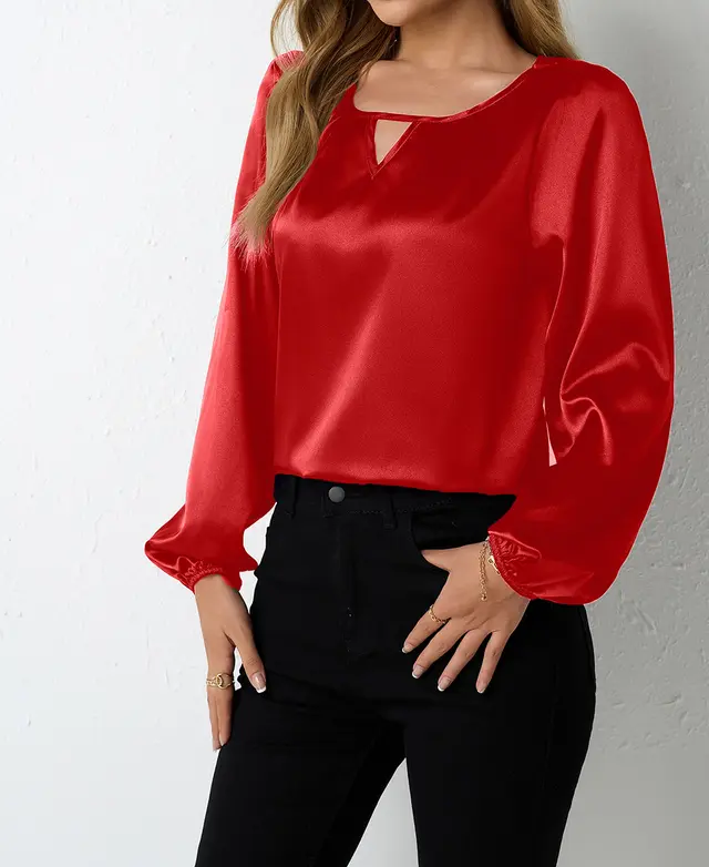Women's Silk like Pleated Long sleeved Satin Top Red - Shop at LoveMi