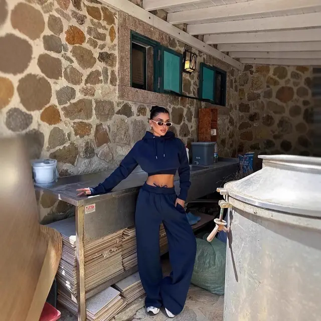Round Neck Long sleeve Suit Women's Pocket Pants Dark Blue - Shop at LoveMi