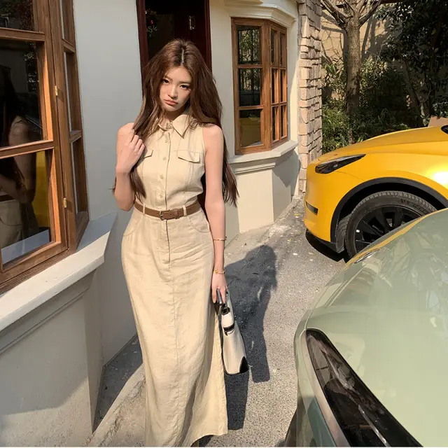 Design Commuter Solid Color Waist Tight Slim fit Long Skirt Apricot - Shop at LoveMi
