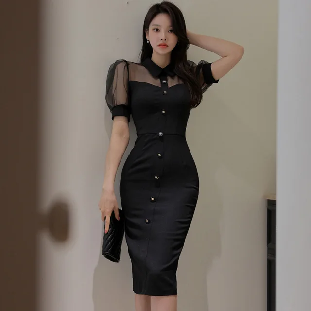 Mid length Slim fitting Patchwork Mesh Business Sheath Dress Black - Shop at LoveMi