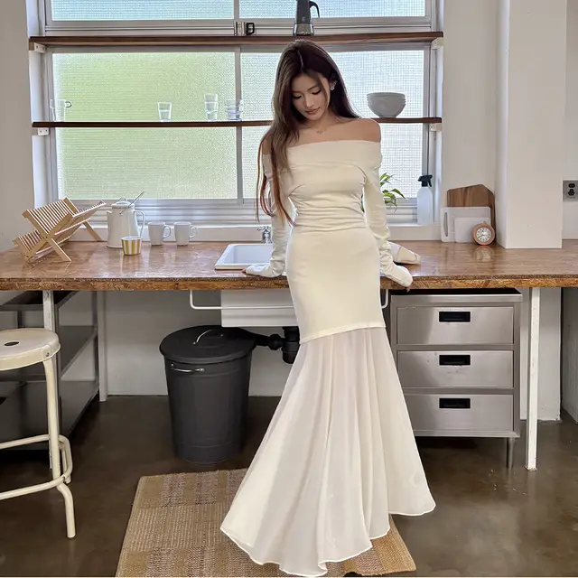 Chiffon Slim Fit Patchwork Hip Skirt Fishtail Dress Apricot Beige - Shop at LoveMi