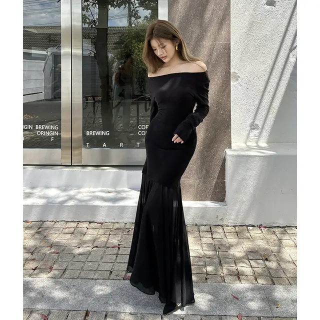 Chiffon Slim Fit Patchwork Hip Skirt Fishtail Dress Black - Shop at LoveMi