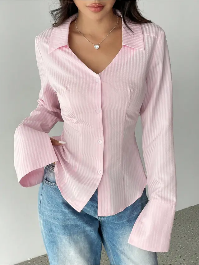 Women's Striped All matching Casual Bell Sleeve Polo Collar Top Pink - Shop at LoveMi