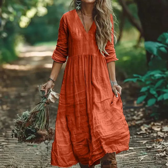 Bohemian Holiday Cotton And Linen Style Dress Orange Red - Shop at LoveMi
