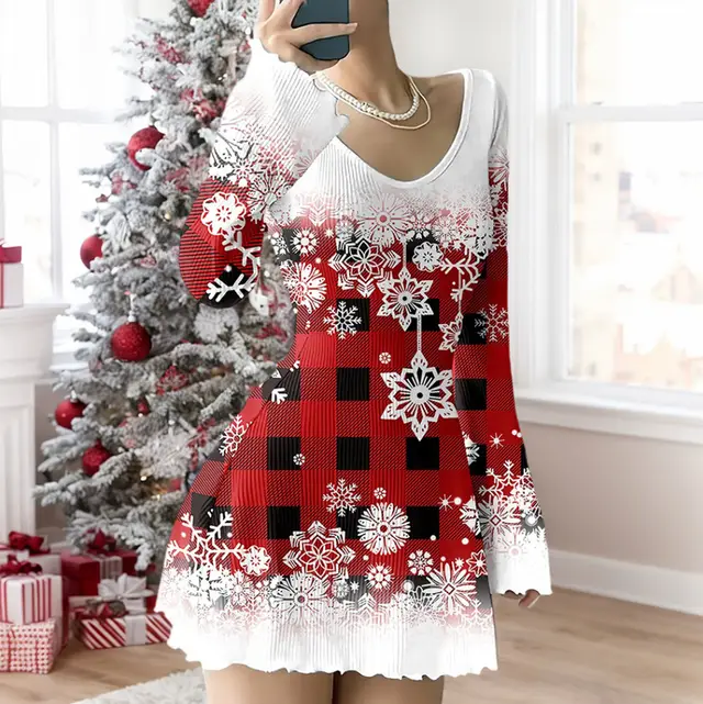 V neck Stretch Sunken Stripe Christmas Printed Flared Sleeve Dress Element 2 - Shop at LoveMi