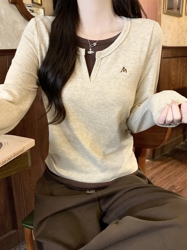 V neck Long Sleeve False Two piece Patchwork Women's Top Apricot - Shop at LoveMi
