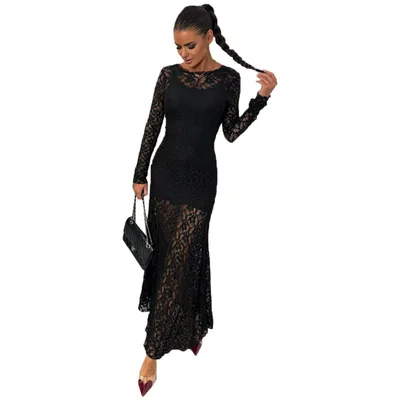 Sexy Backless Lace Long Sleeve Solid Color Strap Long Dress Black - Shop at LoveMi