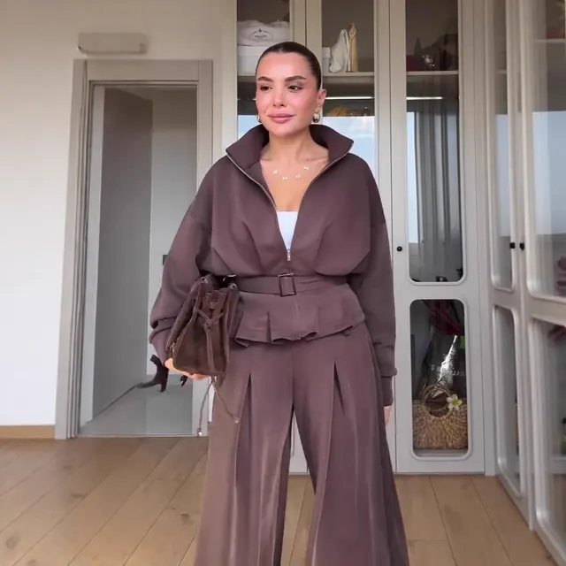 Women's Polo Collar Solid Color Waist Slimming Wide Leg Pants Suit Brown - Shop at LoveMi