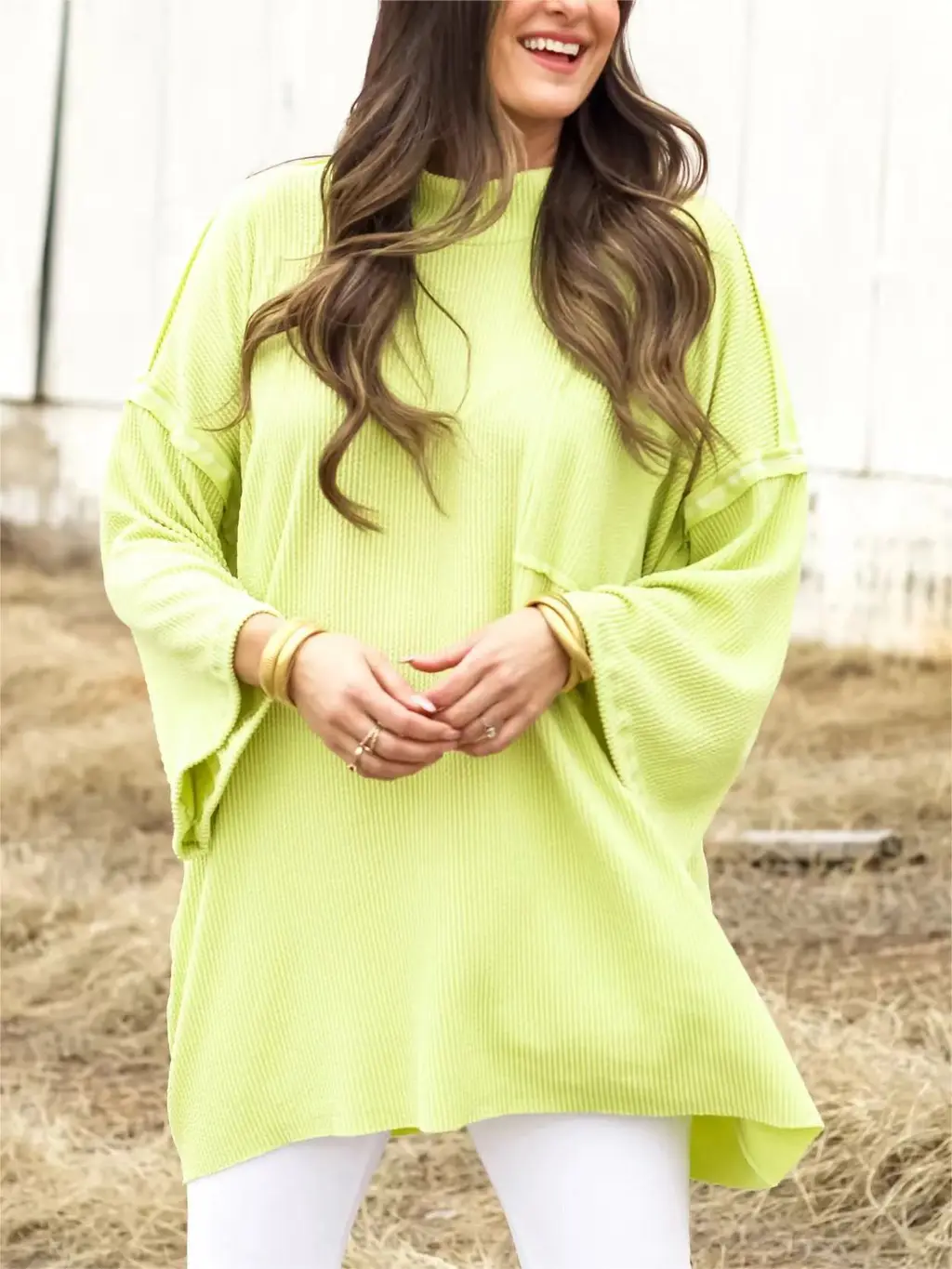 Women's Loose Casual Long Sleeves T-shirt - Fluorescent Yellow