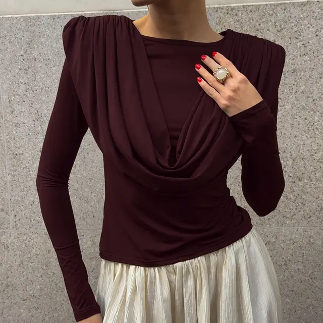 Pleated Waist Tight Swing Collar Women's Long sleeved T shirt Wine Red - Shop at LoveMi