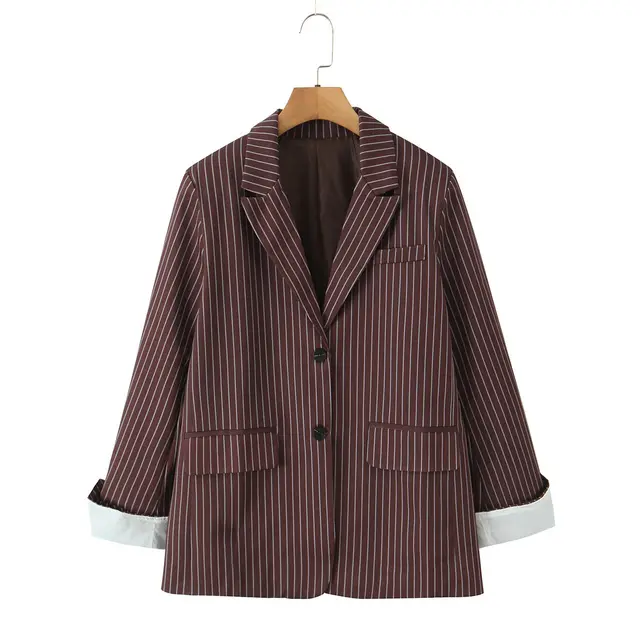Versatile Elegant Brown Striped Loose Suit Jacket Brown - Shop at LoveMi
