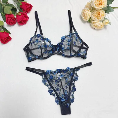Lace Steel Bracket Transparent Mesh Sexy Lingerie Set Black Blue Flower - Shop at LoveMi