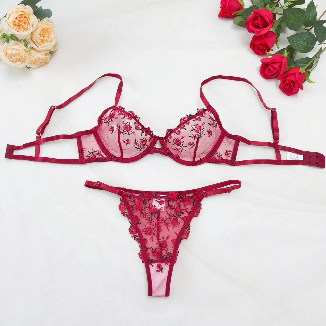 Lace Steel Bracket Transparent Mesh Sexy Lingerie Set - Wine Red