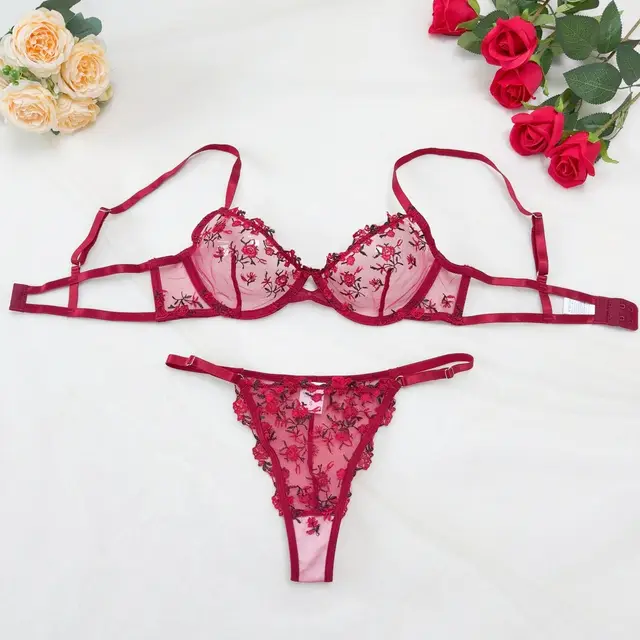 Lace Steel Bracket Transparent Mesh Sexy Lingerie Set Wine Red - Shop at LoveMi