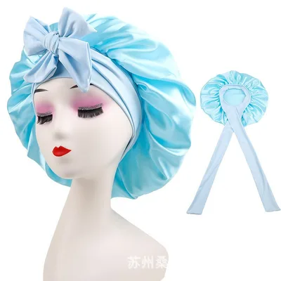 Stretch Ribbon Bowknot Silk Round Cap Solid Color Blue - Shop at LoveMi