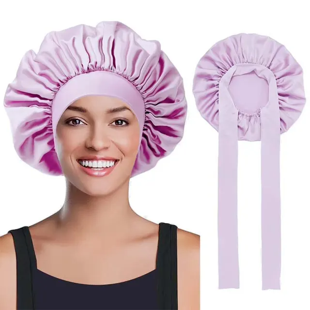 Stretch Ribbon Bowknot Silk Round Cap Solid Color Light Purple - Shop at LoveMi