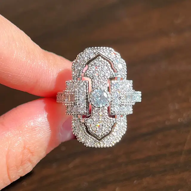 Unique Shape Full Rhinestone Zircon Ring F1438 White Gold Color - Shop at LoveMi