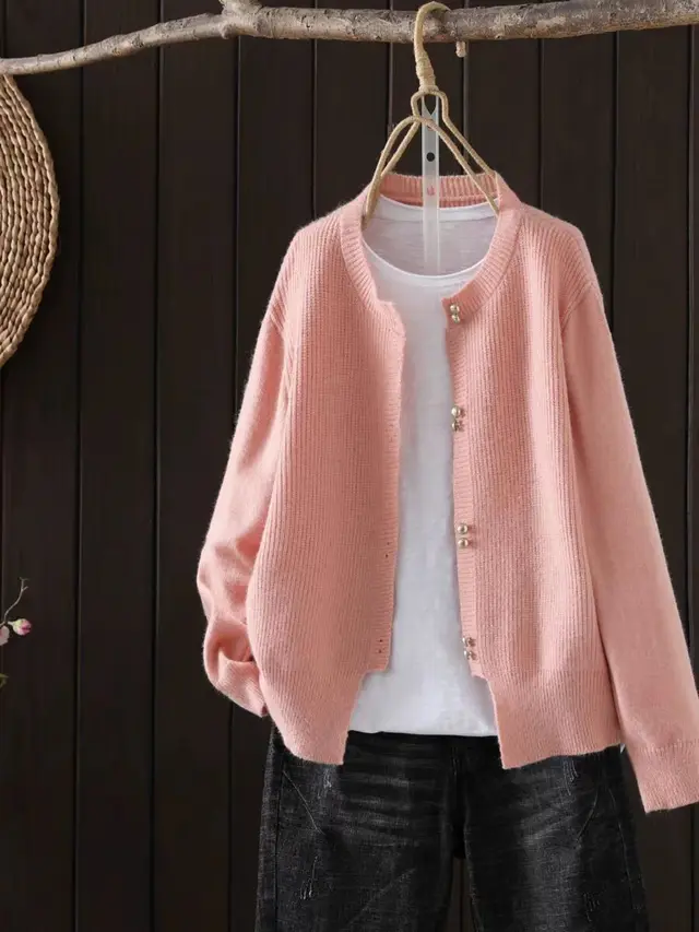 Women's Knitted Cardigan Classic Style Autumn New Loose Slimming And All matching Soft Glutinous Pink - Shop at LoveMi
