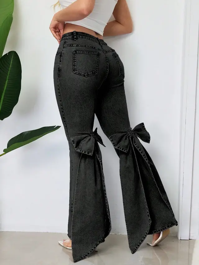 Three dimensional Bow Slim fit Mid stretch Mop Horn Denim Trousers Black - Shop at LoveMi