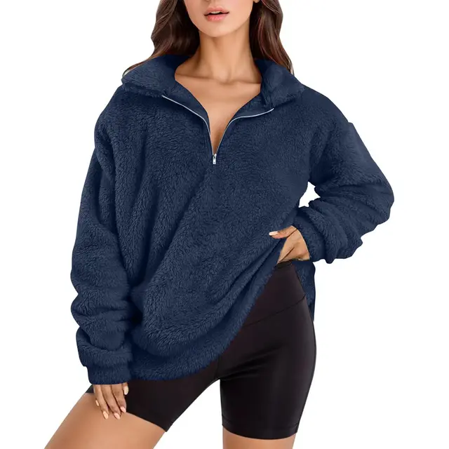 Velvet Fleece lined Women's Casual Stand Collar Sweater Dark Blue - Shop at LoveMi