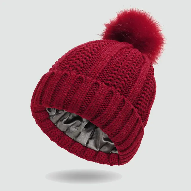 Elastic Satin Knitted Hat Loose And Warm Ladies Dark Red - Shop at LoveMi