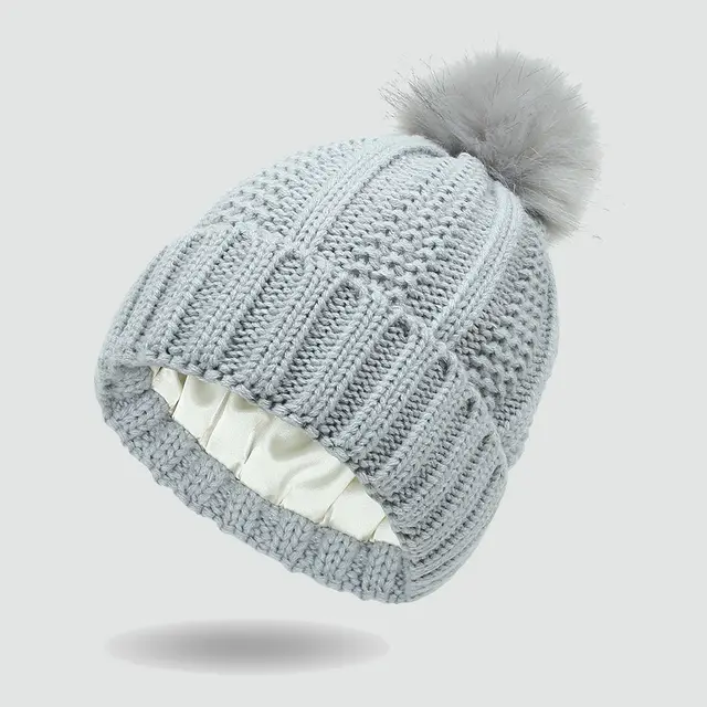 Elastic Satin Knitted Hat Loose And Warm Ladies Light Gray - Shop at LoveMi