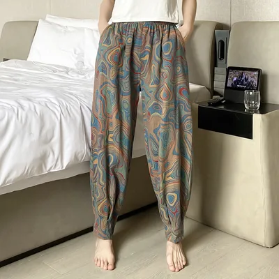 Spring And Autumn Purified Cotton Pajama Pants Large Size Home Thin Printing Blue - Shop at LoveMi