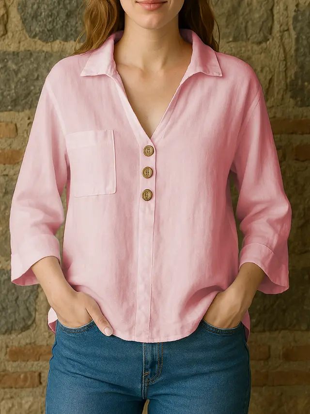 Spring Summer Lapels Solid Color Loose Shirt Pink - Shop at LoveMi