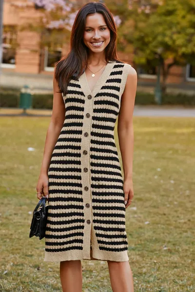 Parchment Buttoned Front Pencil Midi Sleeveless Sweater Dress Parchment S - Shop at LoveMi
