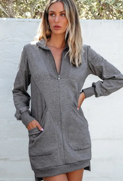 Black Zip Up Collared Ribbed Patchwork Sweatshirt Dress With Pockets Dark Grey - Shop at LoveMi