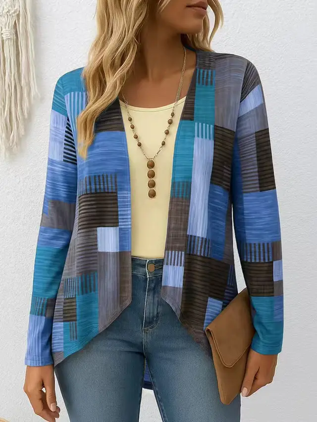 Casual Round Neck Long Sleeve Cardigan Digital Printing Women's Top T shirt Blue - Shop at LoveMi