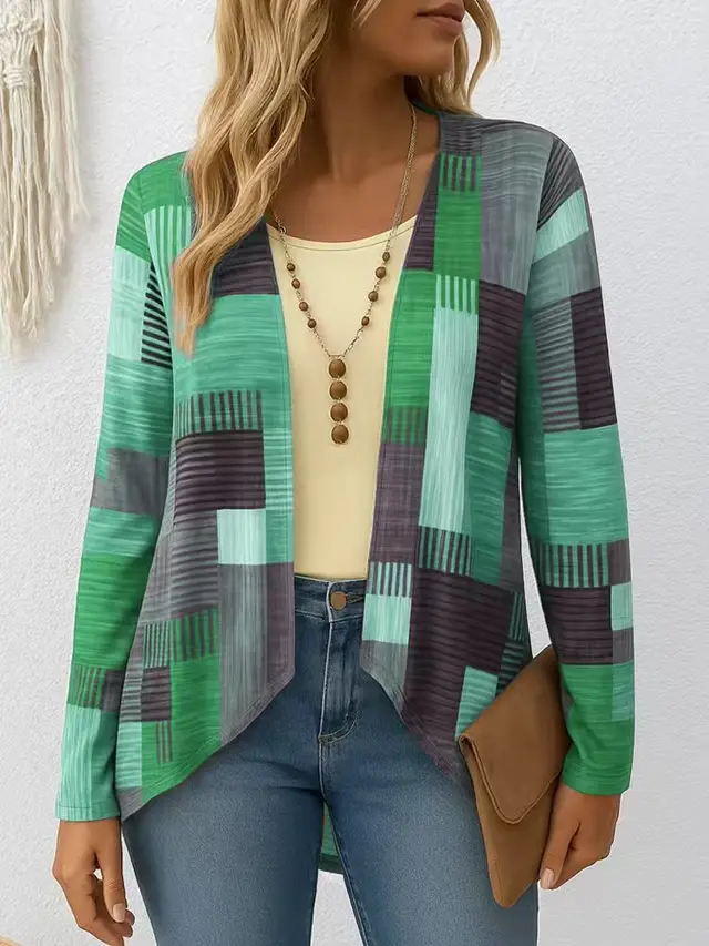 Casual Round Neck Long Sleeve Cardigan Digital Printing Women's Top T shirt Cyan - Shop at LoveMi