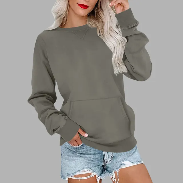 Women's Pin Solid Color Round Neck Loose Long sleeved Sweater Gray Green - Shop at LoveMi