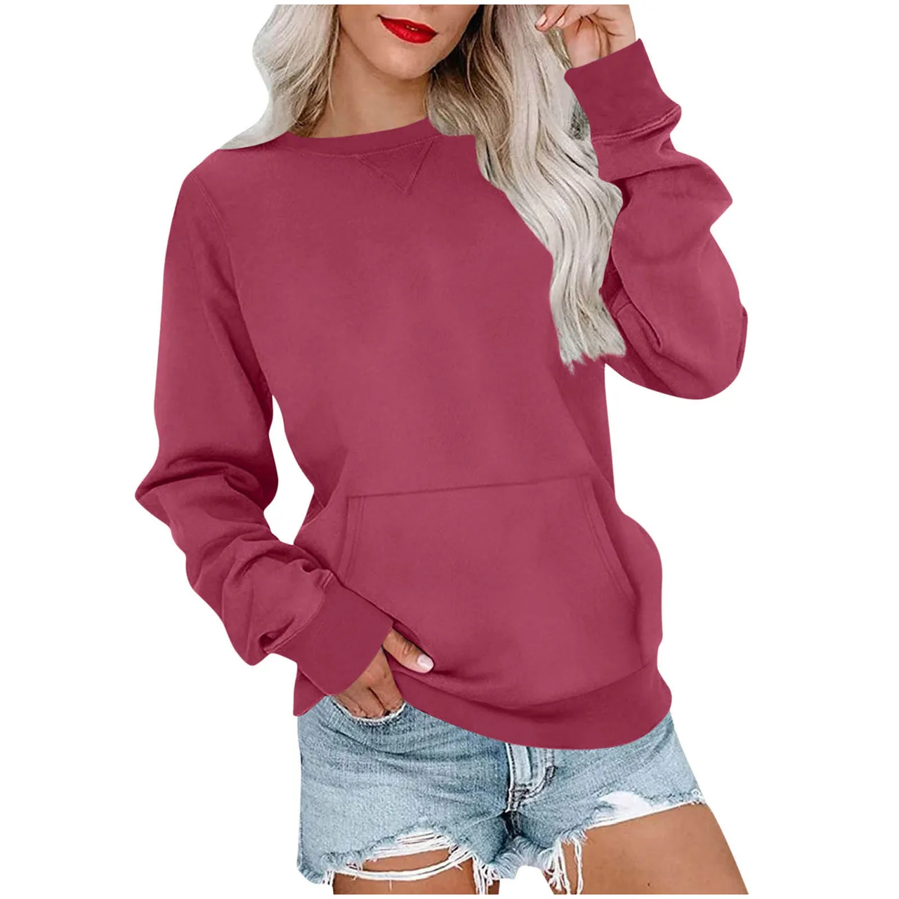 Women's Pin Solid Color Round Neck Loose Long-sleeved Sweater - Rouge Color