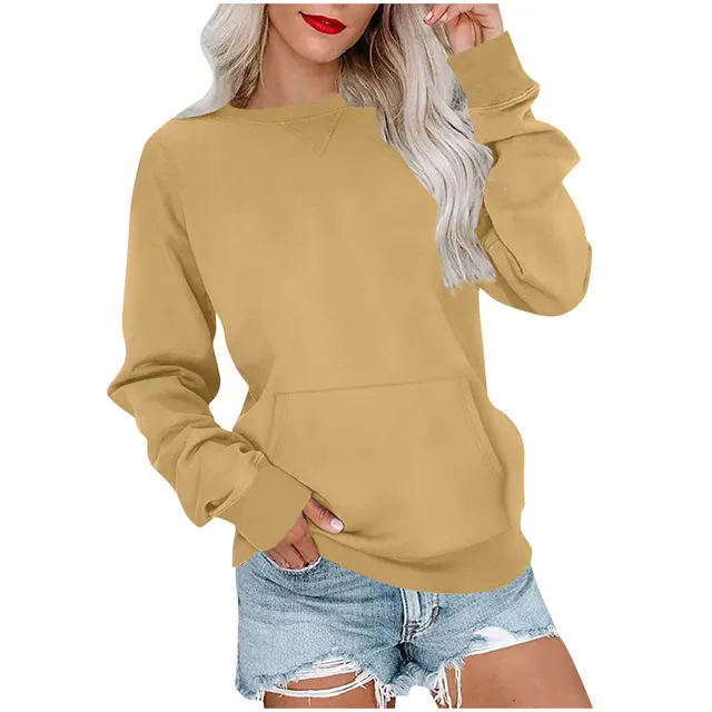 Women's Pin Solid Color Round Neck Loose Long sleeved Sweater Yellow - Shop at LoveMi