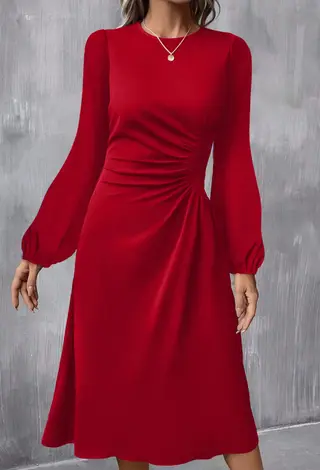 Blackish Green Solid Color Ruched Detail Long Sleeve Midi Dress - Fiery Red