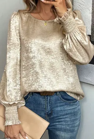 Apricot Metallic Round Neck Smocked Long Sleeve Blouse - Apricot